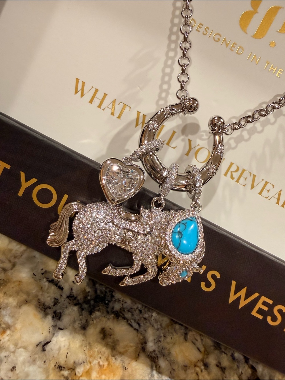 Raised Untamed Bomb Party Silver Horse Charm Necklace with Turquoise Accent